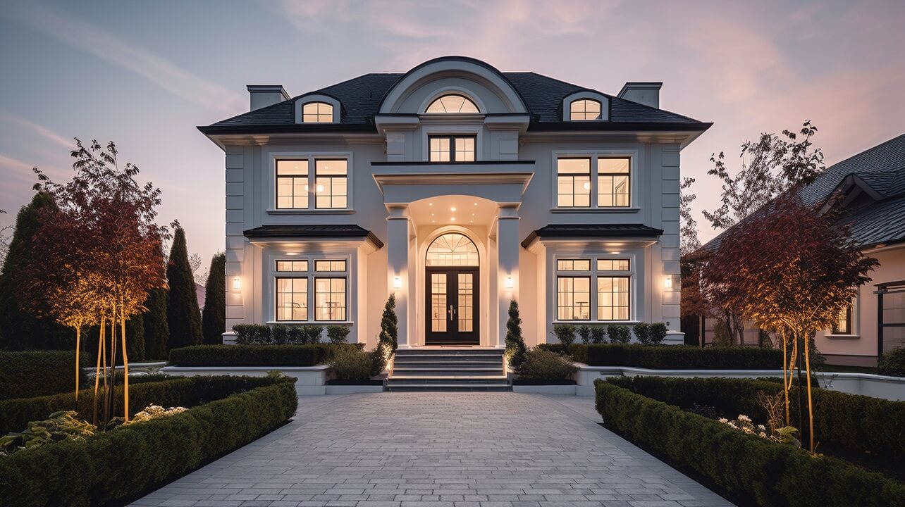 Duplex neoclassical white house with black door windows with lights front