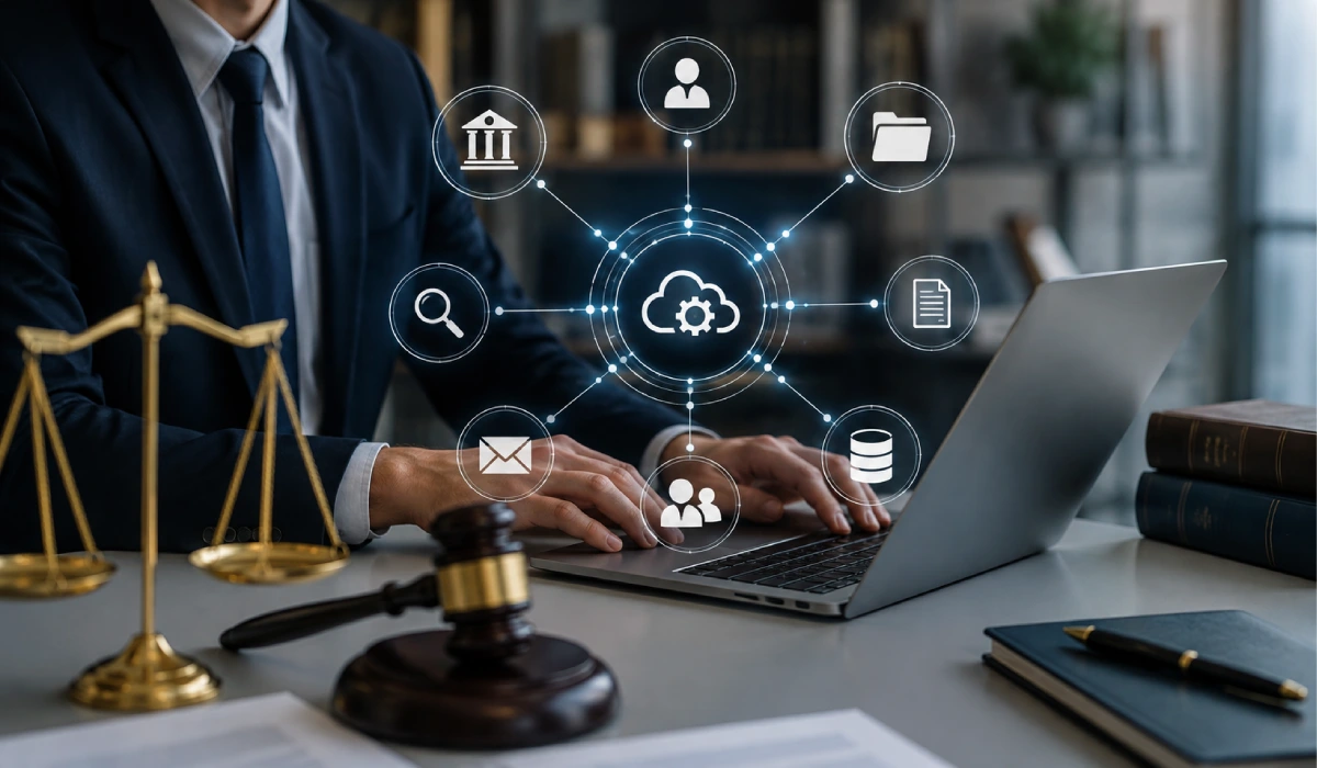 Modern legal technology workspace showing a lawyer using a laptop with digital API integration icons, law books, scales of justice, and a gavel in a professional office.