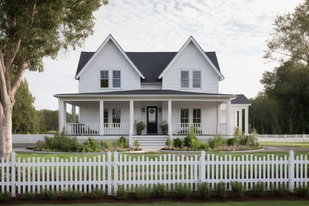 Neoclassical Architecture white House and Grey Trim with white Privacy Fence in Frony