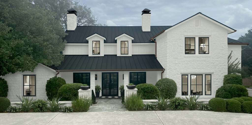 Wide Contemporary white house Black trim Grey Roof