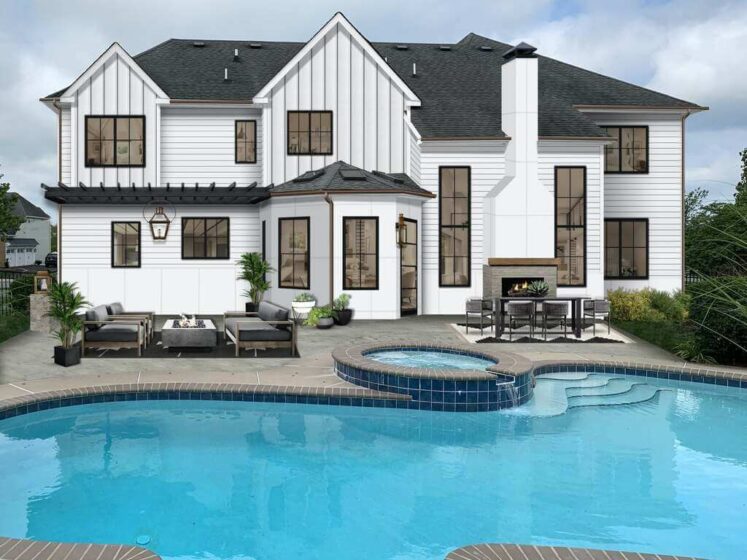 mediterranean white home with black Trim and Big Pool in front with patio