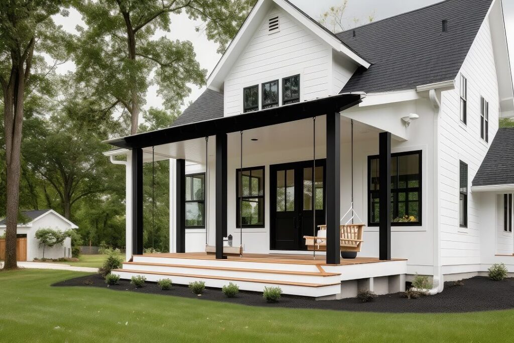 modern Resident white exterior with black trim porch swing