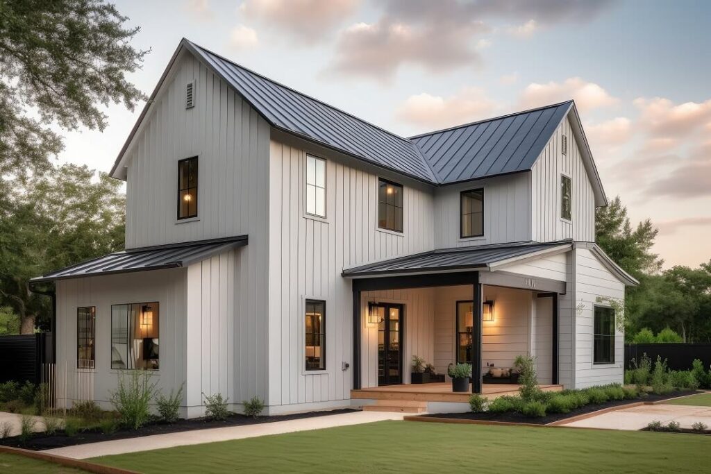 modern black trim gray siding white exterior paint surrounded by greenery
