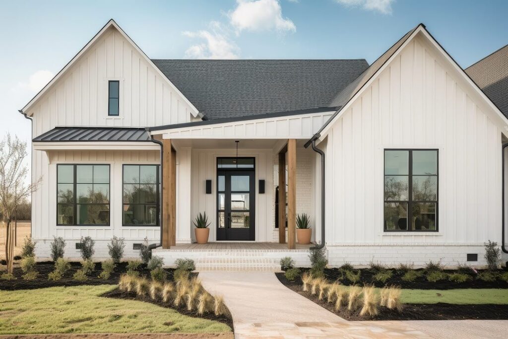 modern house with white exterior grey roof black trim