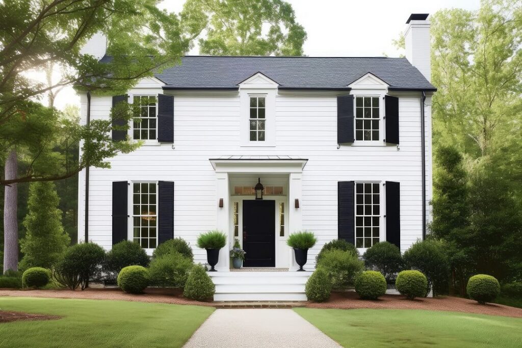 neoclassical white house with Black Window and trim