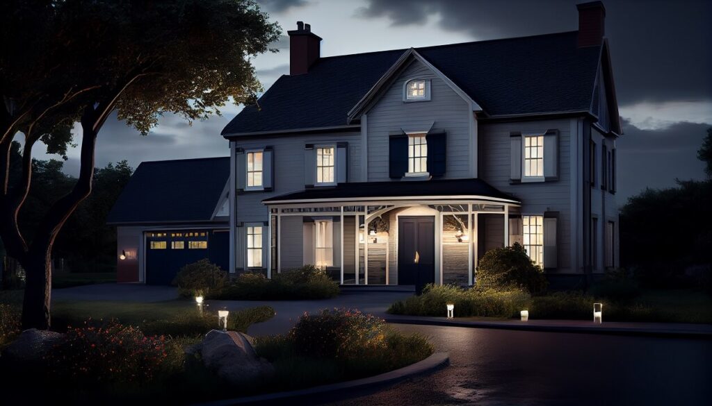 night architecture white home with black trim exterior