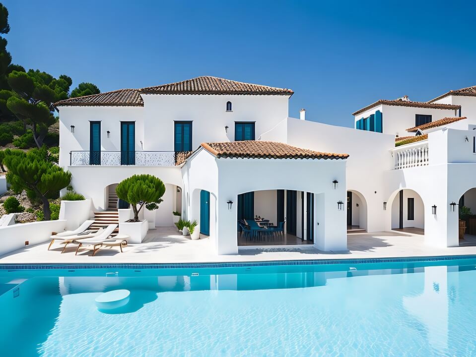 traditional mediterranean white house with pool hill with Brick roof