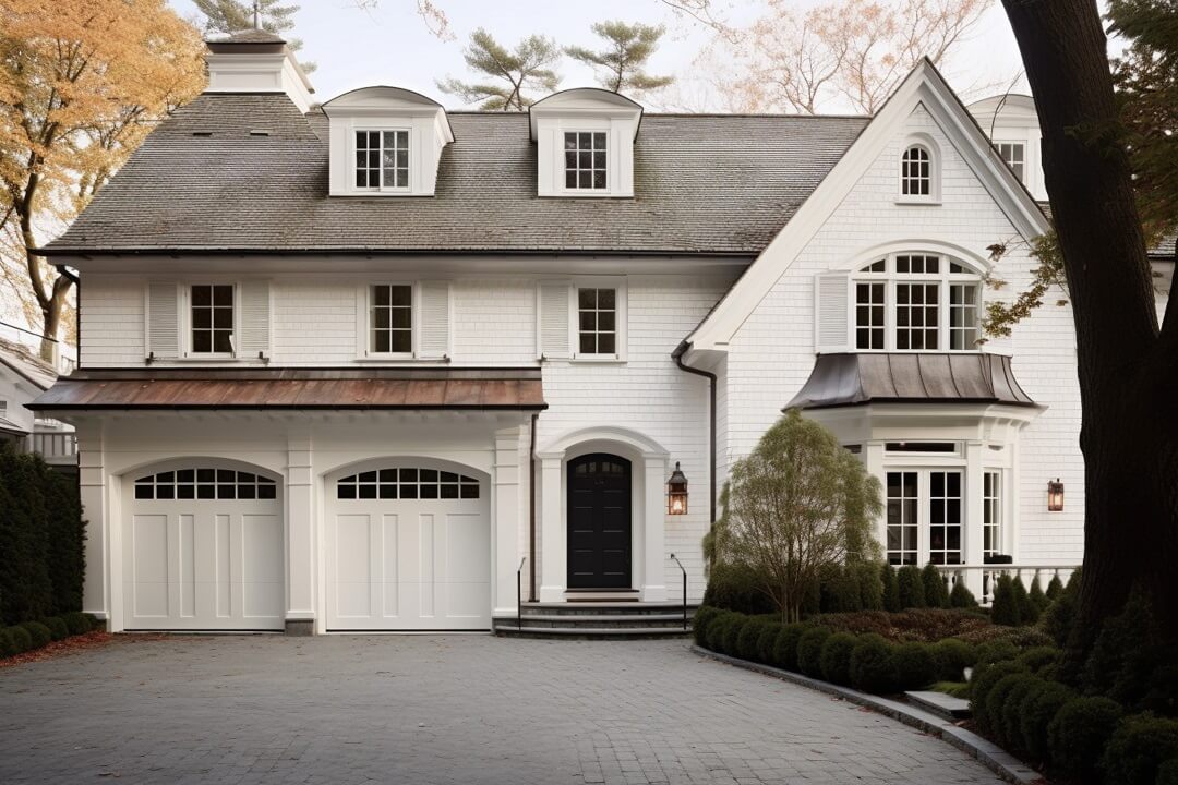 two storey Colonial white house with Brown Roof and White exterior