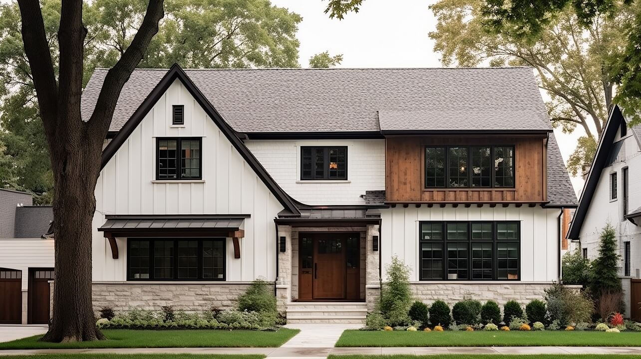 white contemporary house with dark roof and black Trim