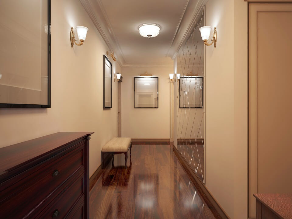 hallway-provence-style-narrow-corridor-with-beige-wallbrown wooden varnish parquet with soft bench decorated pattern mirror wall