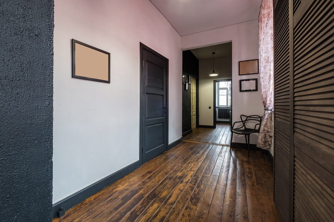 long corridor interior entrance hall vintage apartments with doors loft interior with brick walls