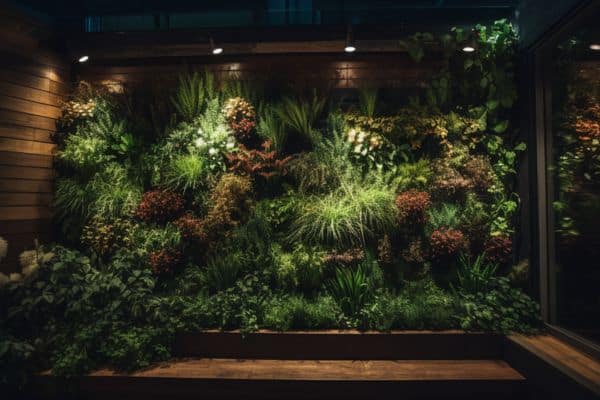 night photography of vertical placed plants and light above it