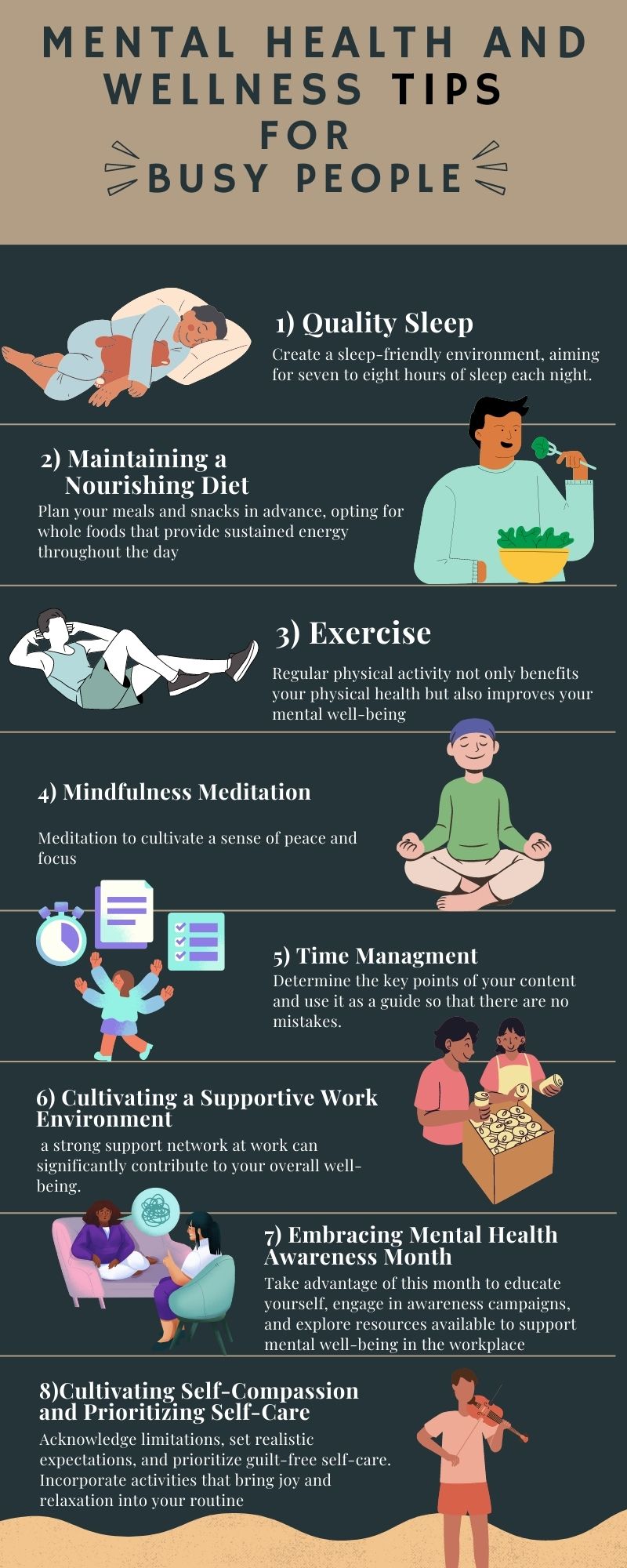 Infograph, mental health and Wellness Tips for Busy People