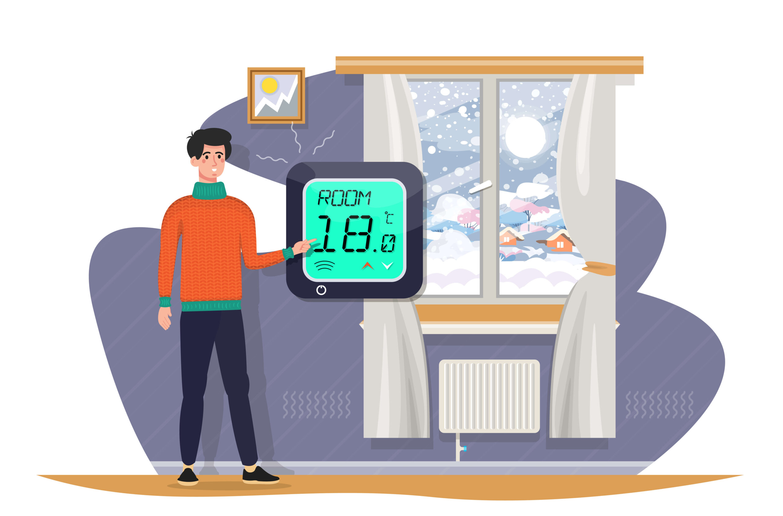 illustration men inside room with window out showing temperature of Ac set to 18 showing 