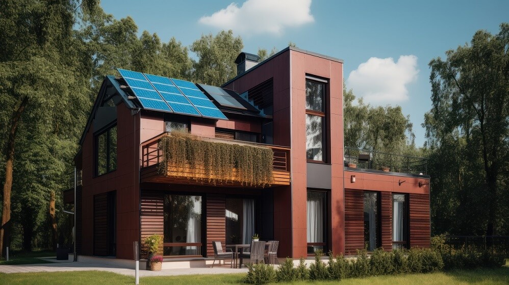 Duplex sustainable architecture with Solar in rooftop and Small Garden in front
