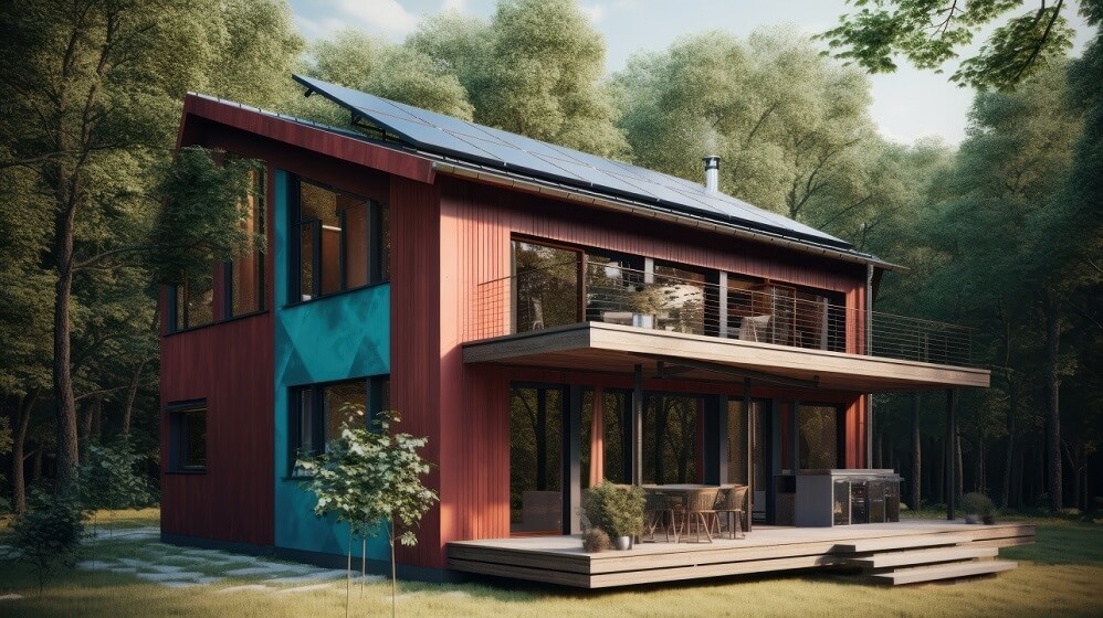 Tin and teal Colour 2 Storey House with full of solar panel and second floor Balcony