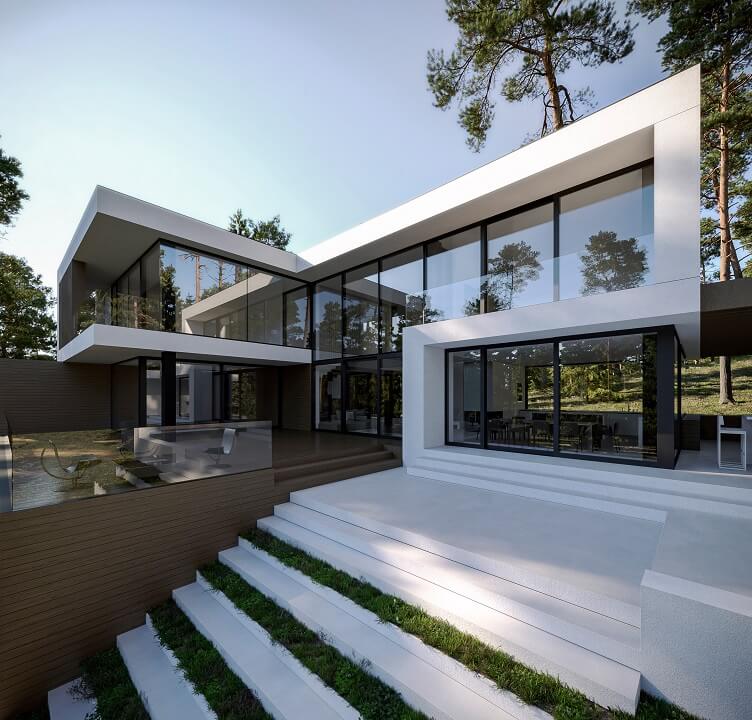 Modern big 2 Storey house design full of windows and walkway with grass showcasing sustainable architecture
