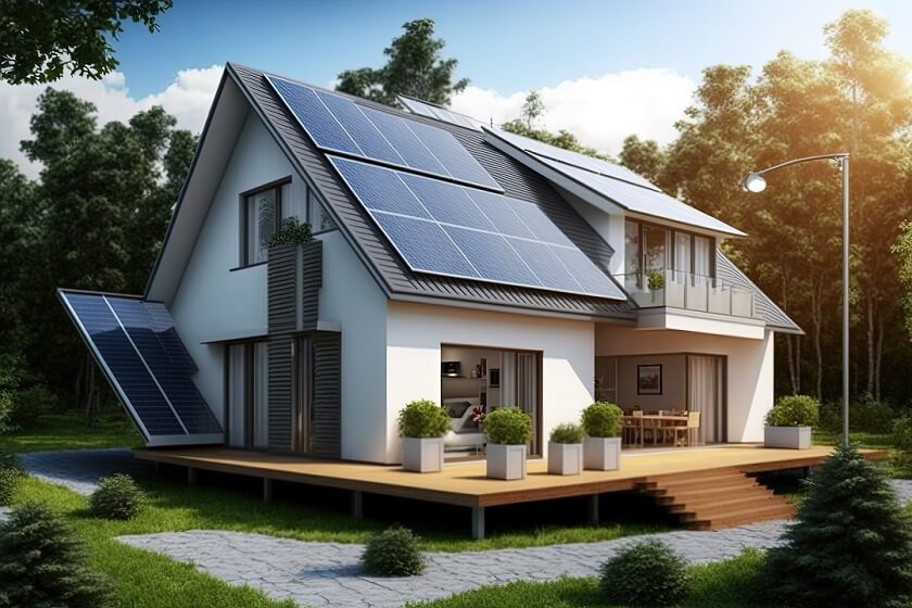Small Sustainable House Design with solar and Small Entry gate and plants in front of house