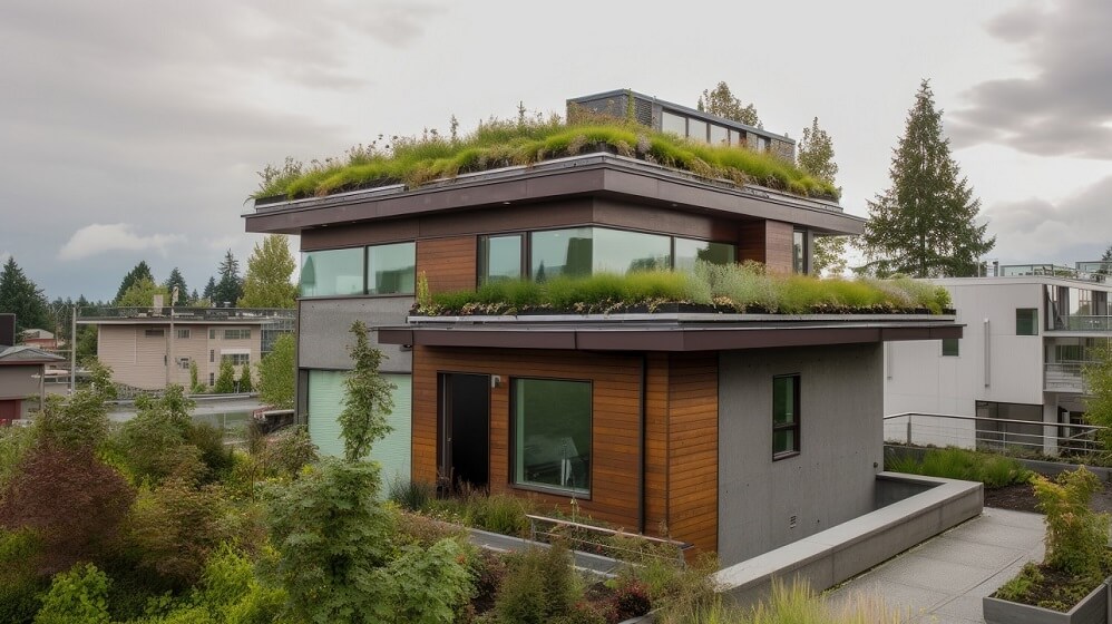 Box shape 2 Storey House design with Plants on roof and big windows showing Sustainable Design