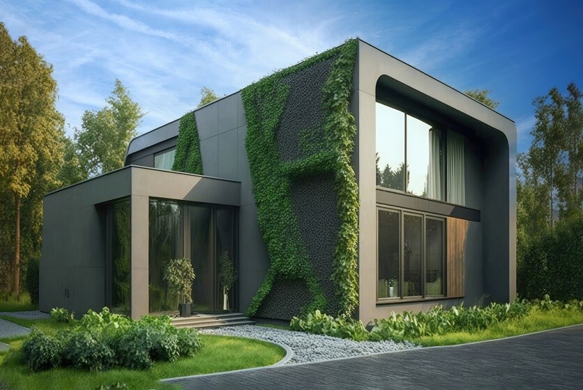 Modern sustainable design building in Box shape with grass on its Wall