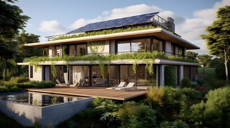 Duplex Modern Sustainable House Design with solar on roof with wide windows and balcony full of grass on it