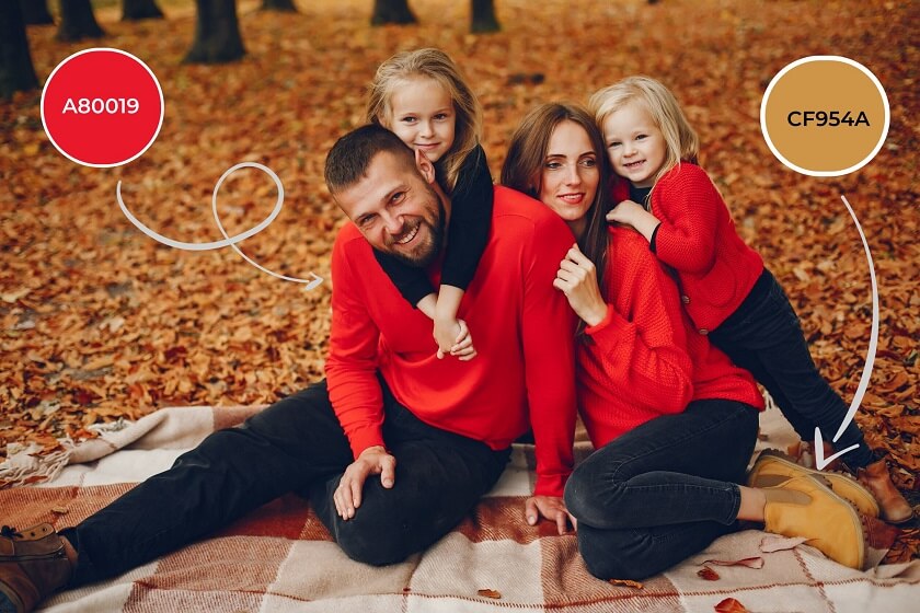 Family sitting on Blanket during Autumn wearing Burgundy Tones