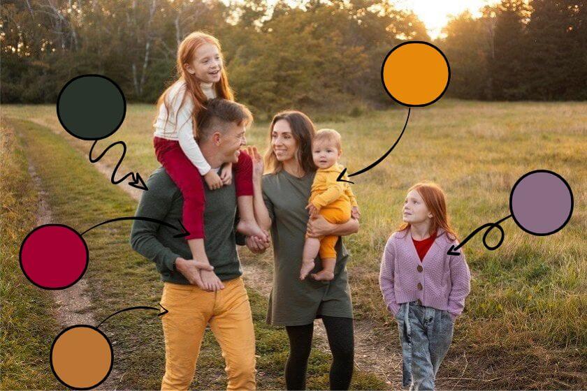 Family Walking Pose with wearing Woodland Neutrals like Yellow, Green