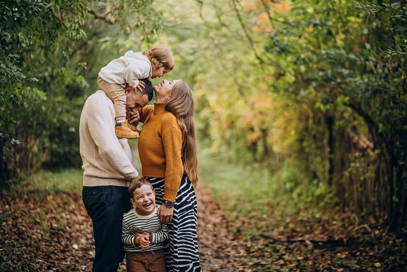 Family pose During fall season in park with Outfit idea suggestion