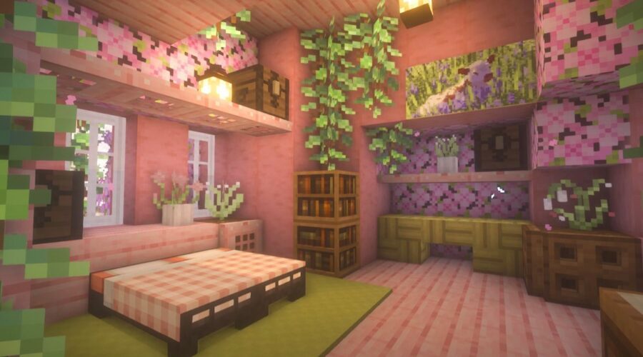 Cool Pink Tone Bed interior Designs Minecraft with hanging Leaves
