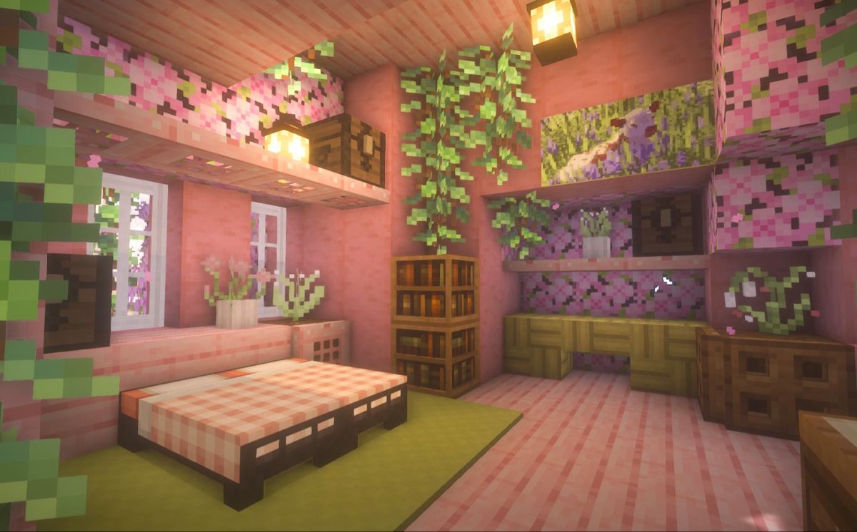 Cool Pink Tone Bed interior Designs Minecraft with hanging Leaves