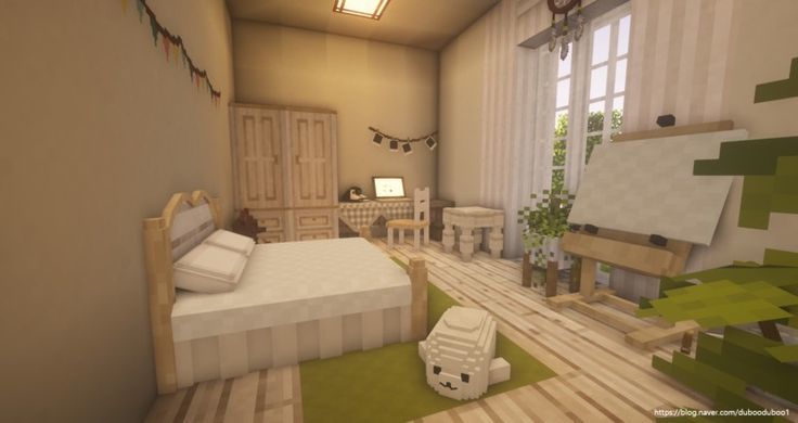 Serene White and Nature Green Haven Big Minecraft Bedroom Interior