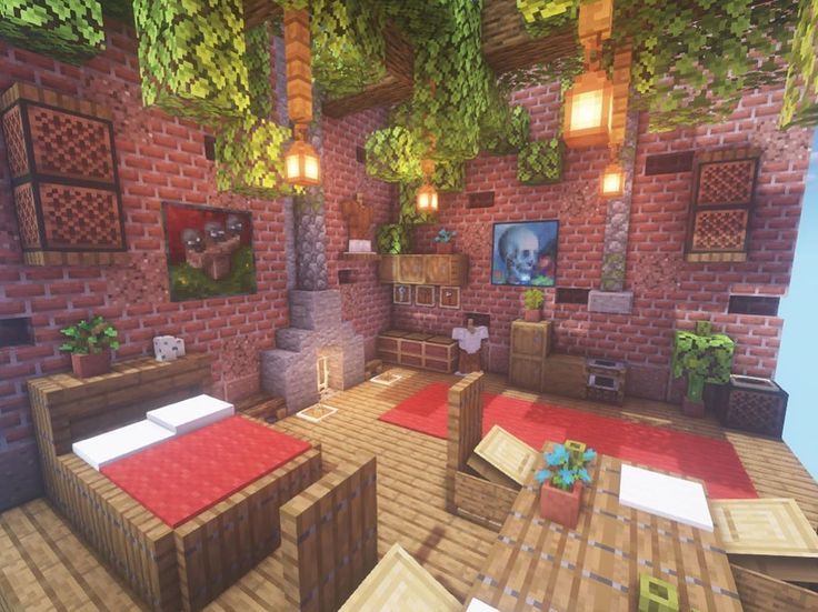 Skull Themed Pink Decor with Plant on Roof and Wooden Interior for Minecraft Bedroom