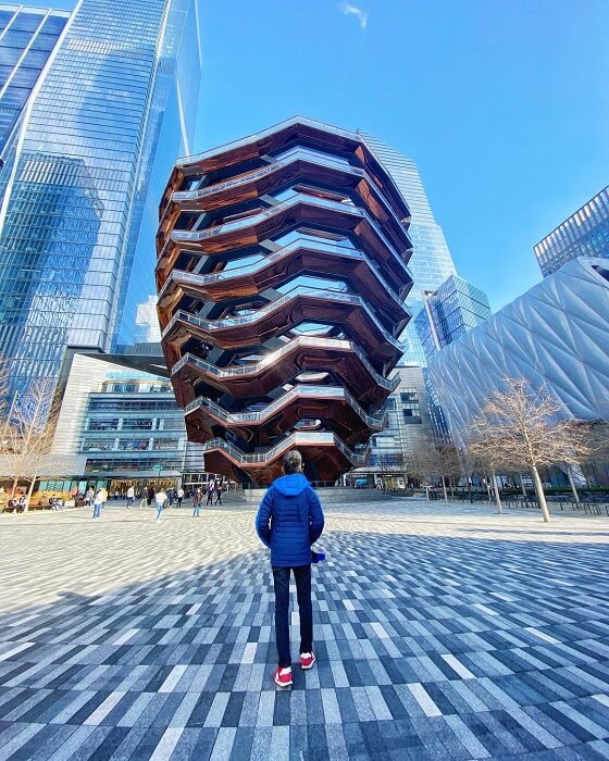 Men Posing in Front of The Vessel at Hudson Yards for Instagram