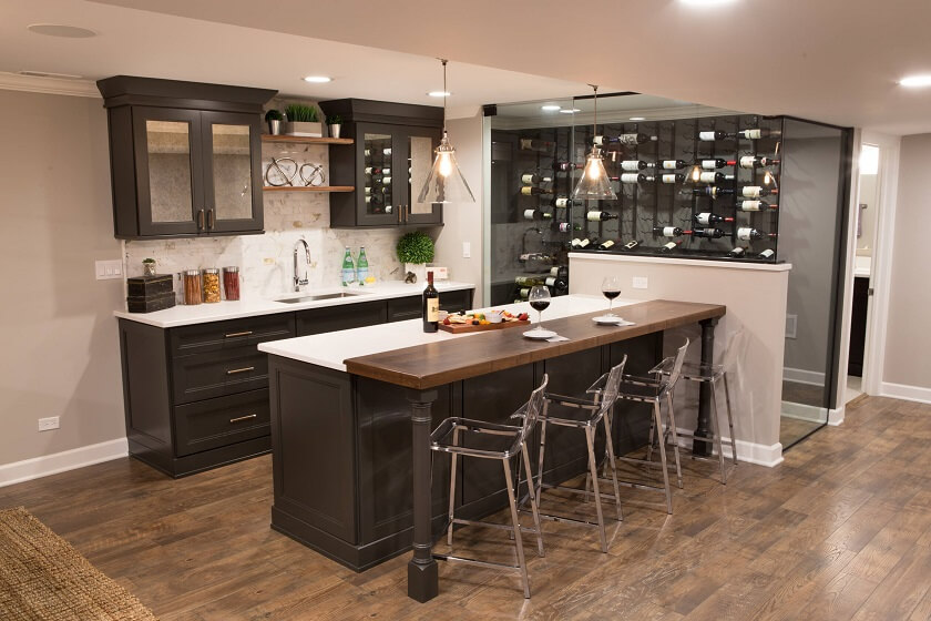 Black Wet Basement Bar with wine holder shelf