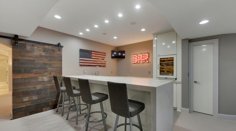 White and Grey American basement Bar with Simple Sitting Chair