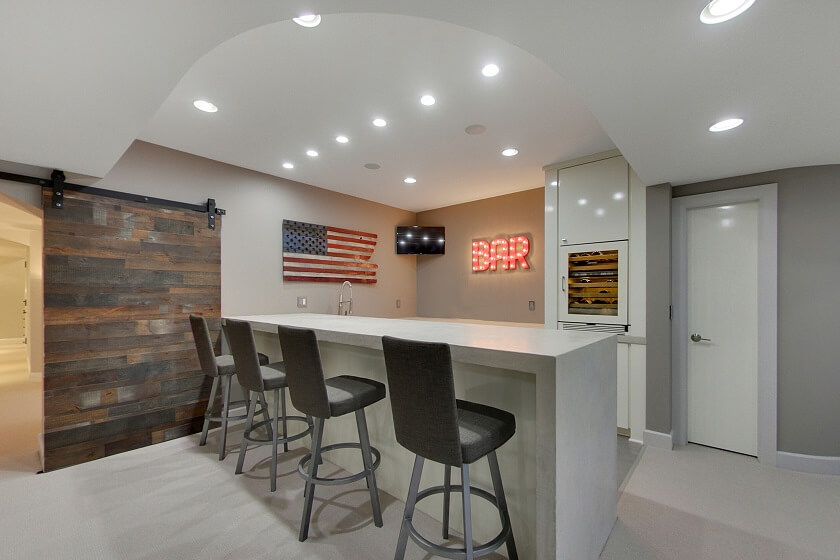 White and Grey American basement Bar with Simple Sitting Chair