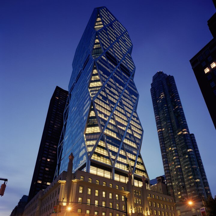 Hearst Tower the unique diagrid structure and utilizes recycled steel 