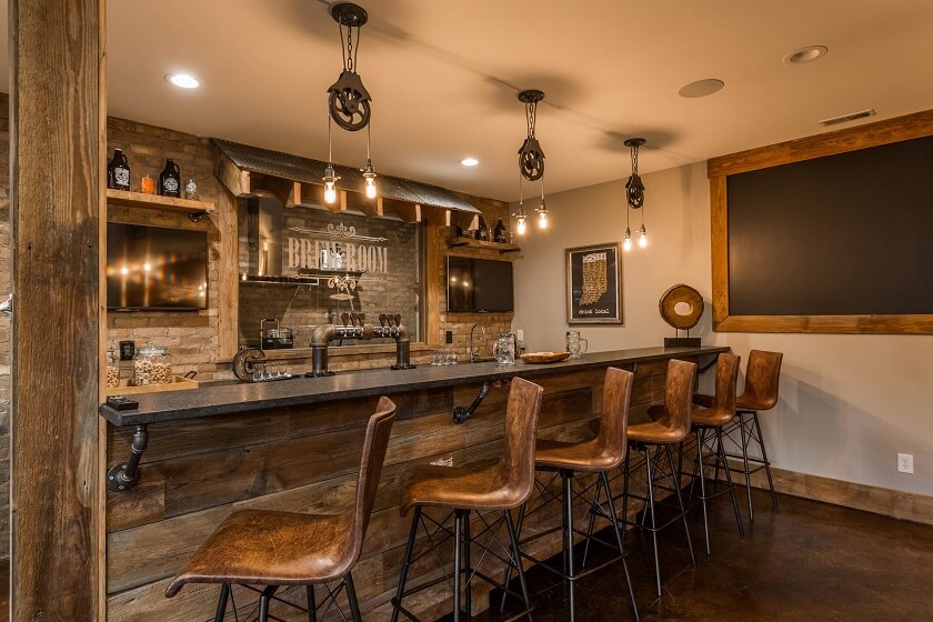 Rustic speakeasy basement bar for home with board and Coffee Machine