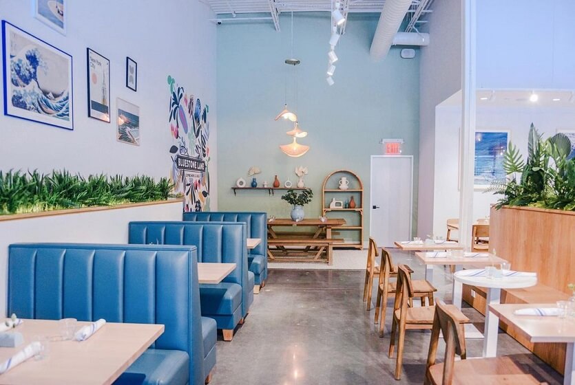 Bluestone Lane Coffee shop light Blue for Interior a must Instagrammable places in NYC