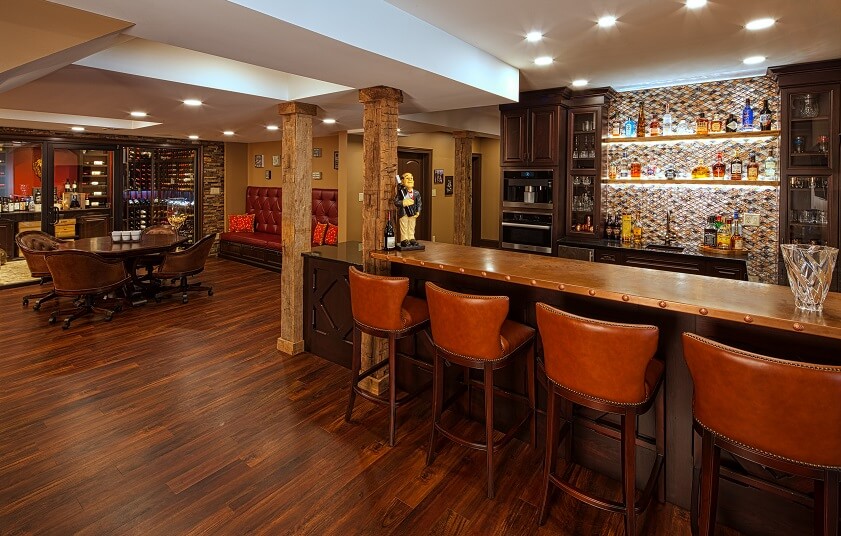 Cool speakeasy basement bar with Kitchen and Wine collection and Wooden Look