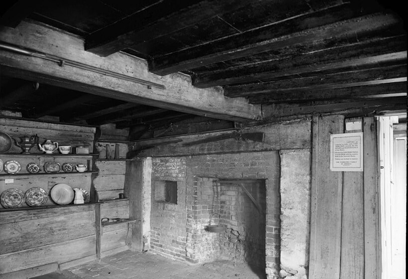 Orignal Brick Kitchen with Shelfs of Fairbanks House Dedham