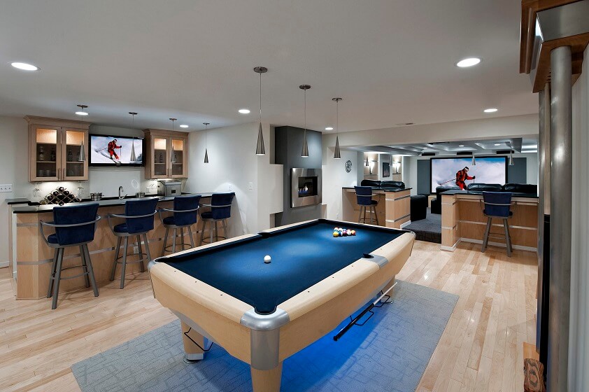 large basement ideas with Wooden bar and pool table and small Projector