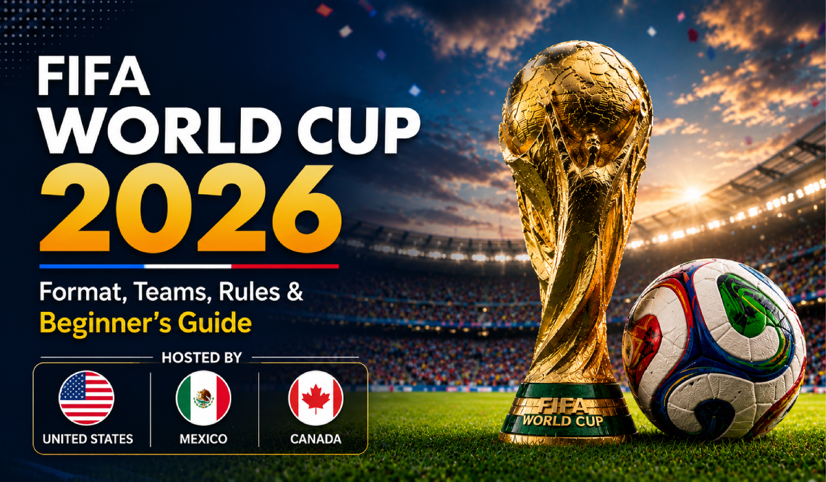 FIFA World Cup 2026 trophy with football in a stadium featuring the host countries United States, Mexico, and Canada.