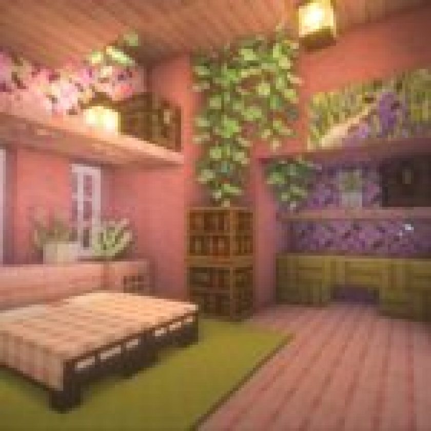 Cool Pink Tone Bed interior Designs Minecraft with hanging Leaves
