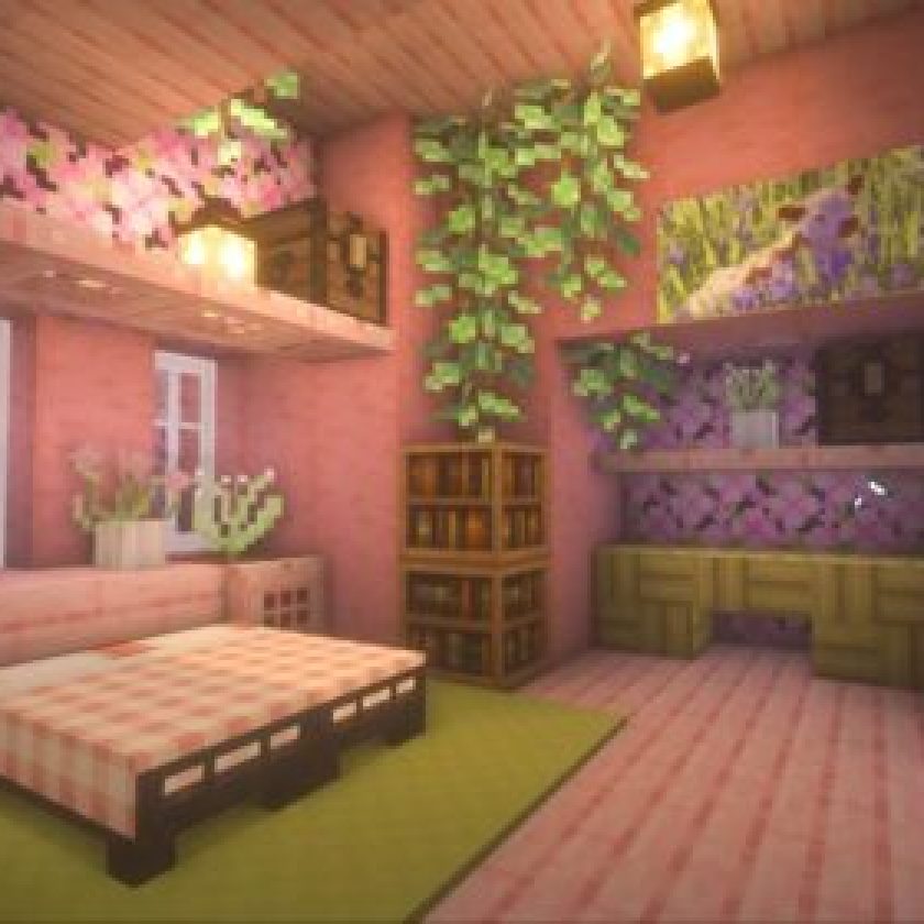 Cool Pink Tone Bed interior Designs Minecraft with hanging Leaves