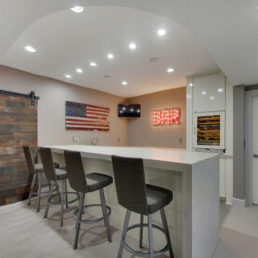 White and Grey American basement Bar with Simple Sitting Chair