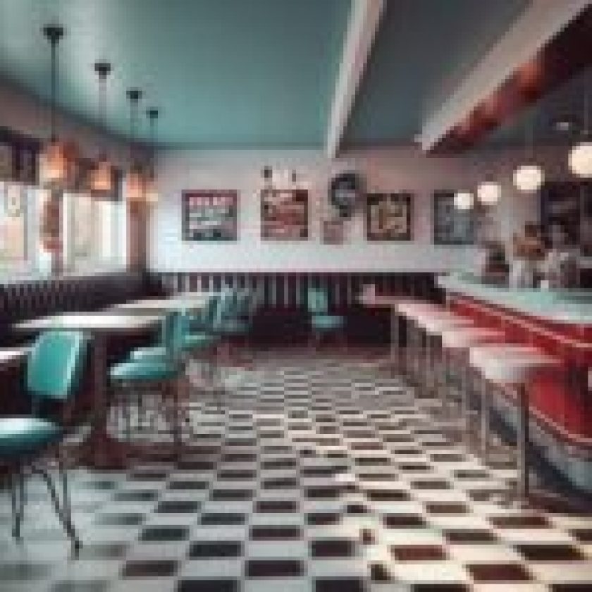 Vintage 90’s Cafe look with vibrant pink/red and Teal tone cafe interior and black and white chess like ground and frames on the wall.