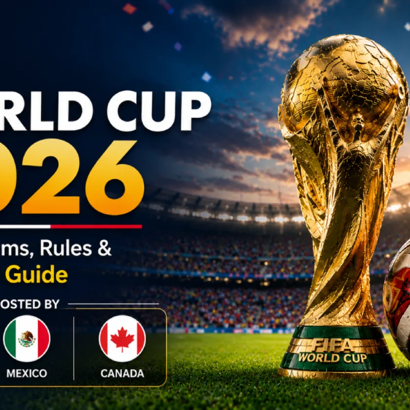 FIFA World Cup 2026 trophy with football in a stadium featuring the host countries United States, Mexico, and Canada.