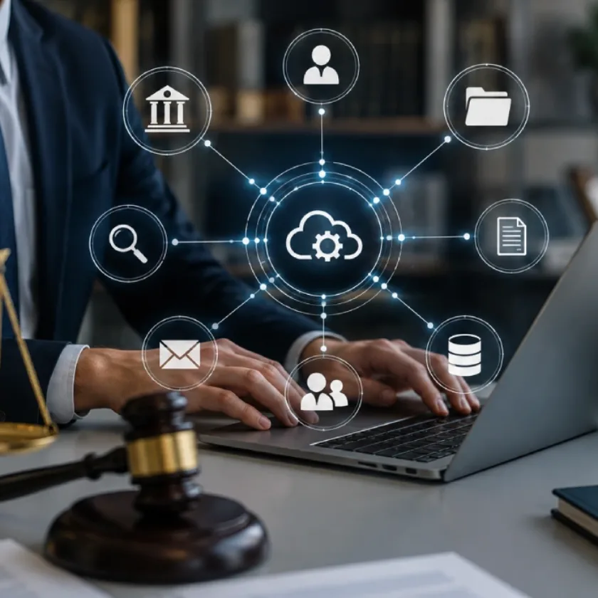 Modern legal technology workspace showing a lawyer using a laptop with digital API integration icons, law books, scales of justice, and a gavel in a professional office.