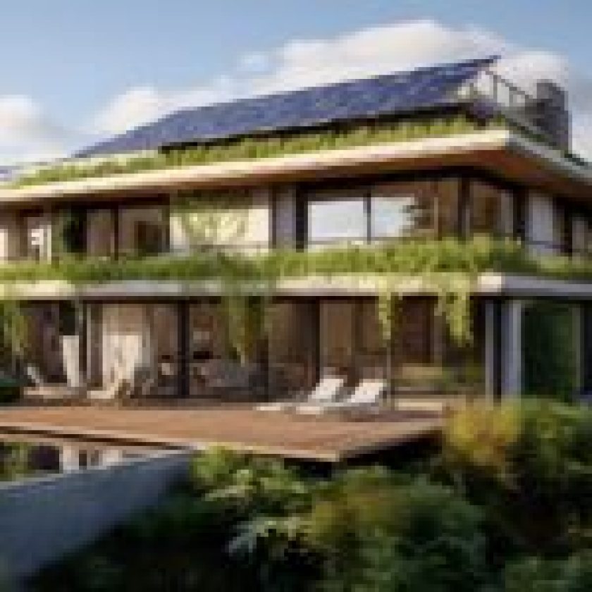 Duplex Modern Sustainable House Design with solar on roof with wide windows and balcony full of grass on it